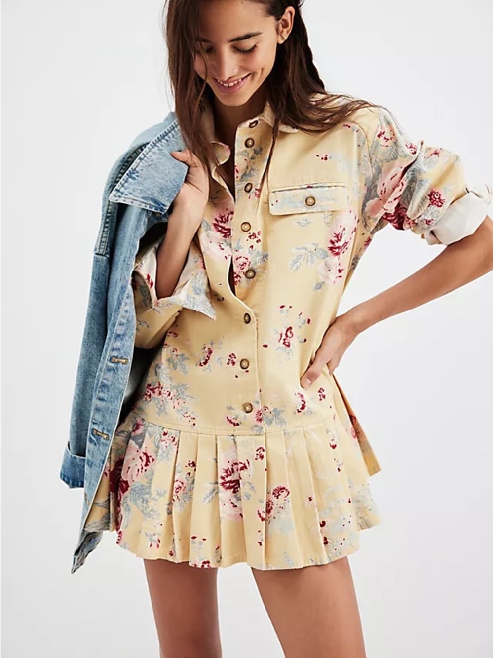 Free People Connor Mini Dress Nostalgia Rose Floral Pleated Cotton